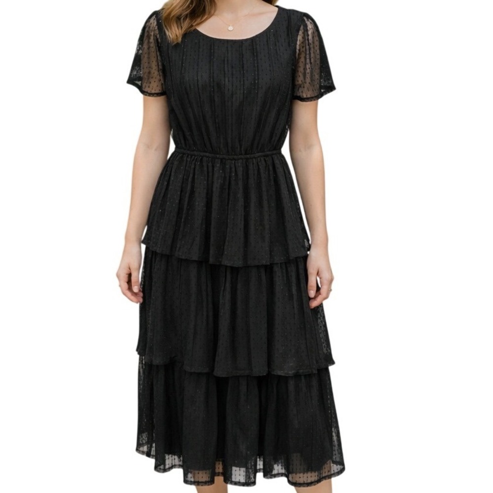 J. Crew Pleated Swiss Dot Puff Sleeve Lace A-Line Dress in Black Sz 4 NWT